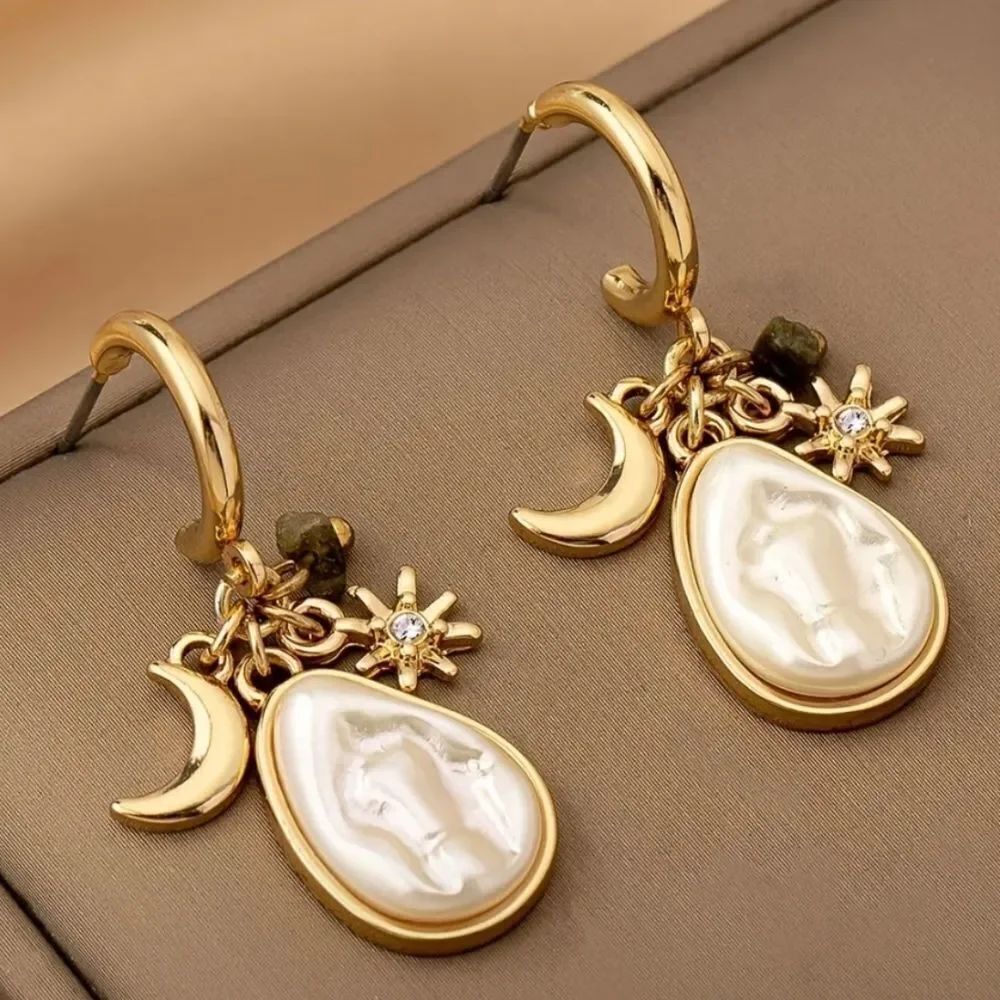 18K Gold Plated Moon & Star Pearl Dangle Earrings